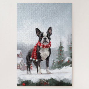 Boston Terrier Hond in Sneeuw Kerstmis Legpuzzel