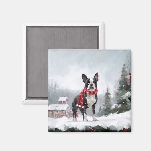 Boston Terrier Hond in Sneeuw Kerstmis Magneet (Voorkant / Achterkant)