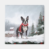 Boston Terrier Hond in Sneeuw Kerstmis Magneet (Voorkant)