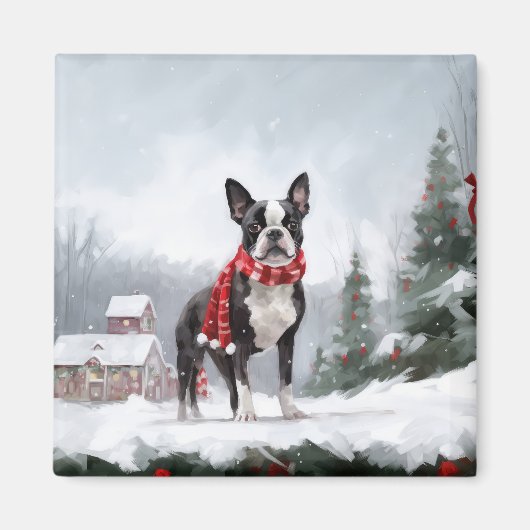 Boston Terrier Hond in Sneeuw Kerstmis Magneet (Voorkant)