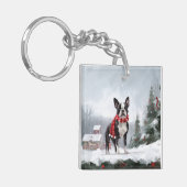 Boston Terrier Hond in Sneeuw Kerstmis Sleutelhanger (Voorkant Links)