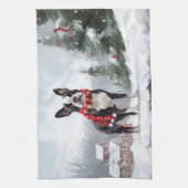 Boston Terrier Hond in Sneeuw Kerstmis Theedoek (Verticaal)