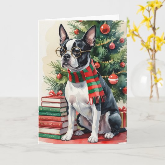 Boston Terrier Hond Kerstgroet Kaart (Gele Bloem)