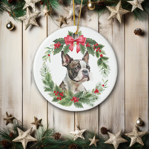 Boston Terrier Hond Rode Bow Holly krans Keramisch Ornament