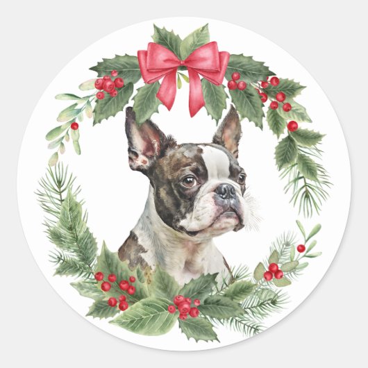 Boston Terrier Hond Rode Bow Holly krans Ronde Sticker (Voorkant)