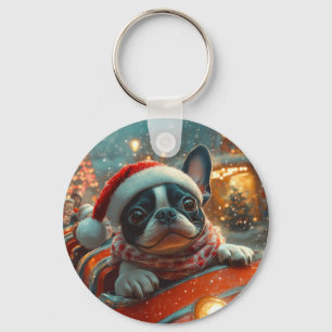 Boston Terrier Hond Roller Coaster Kerstmis Sleutelhanger