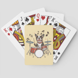 Boston Terrier-hond speelt op drums Pokerkaarten