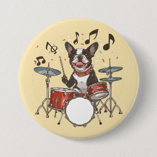 Boston Terrier-hond speelt op drums Ronde Button 7,6 Cm