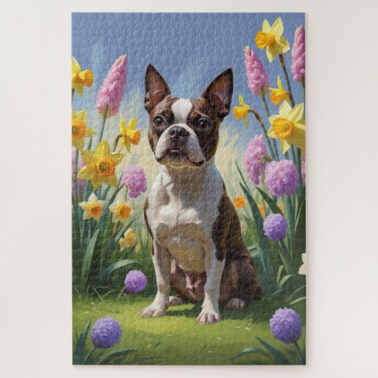 Boston Terrier Hond Spring Bloemen Schilderen Legpuzzel (Verticaal)