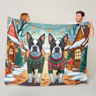 Boston Terrier Honden Kerst Sneeuw Vakantie Fleece Deken