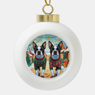 Boston Terrier Honden Kerst Sneeuw Vakantie Keramische Bal Ornament