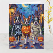 Boston Terrier Honden Trick-or-Treating in Hallowe Kaart (Gele Bloem)
