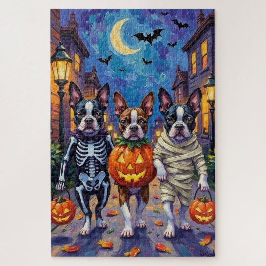 Boston Terrier Honden Trick-or-Treating in Hallowe Legpuzzel (Verticaal)