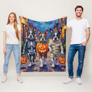 Boston Terrier Honden Trick-or-Treating op Hallowe Fleece Deken
