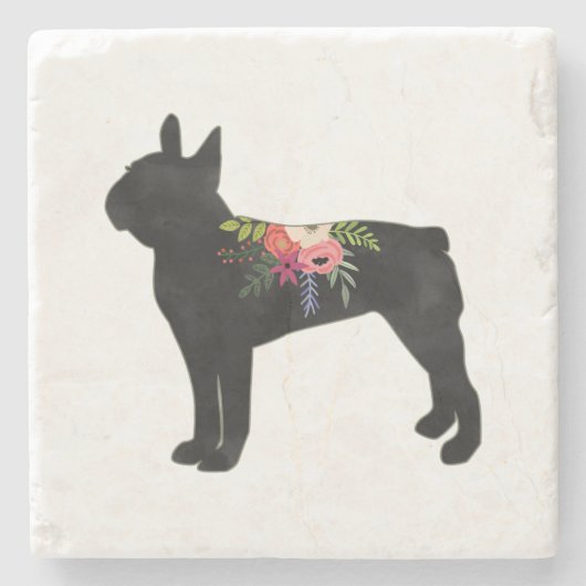 Boston Terrier Hondenras Boho Floral Silhouette Stenen Onderzetter (Voorkant)