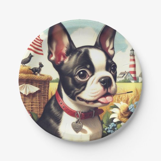  Boston Terrier Illustratie Papieren Bordje (Voorkant)