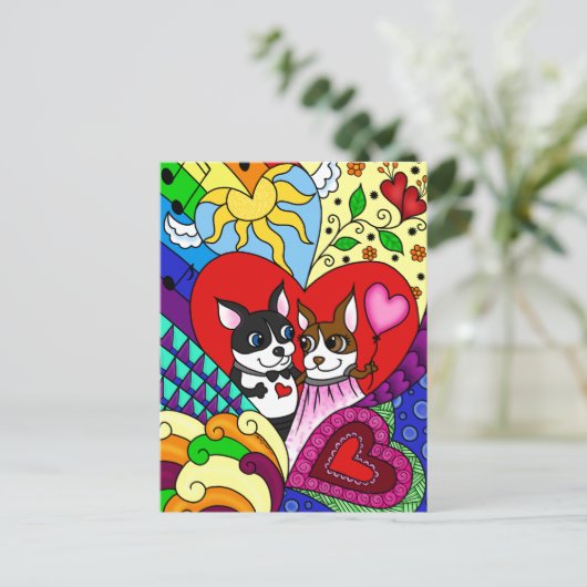 Boston Terrier in Doodle Pattern  Briefkaart (Staand voorkant)