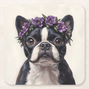 Boston Terrier in een paarse bloemenkrans Vierkante Kartonnen Onderzetter
