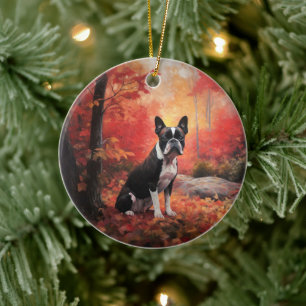 Boston Terrier in herfstbladeren val inspireert Keramisch Ornament