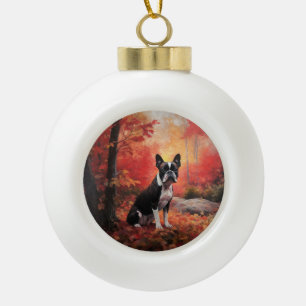 Boston Terrier in herfstbladeren val inspireert Keramische Bal Ornament