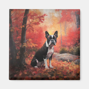 Boston Terrier in Herfstbladeren val inspireert Magneet