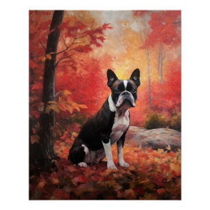 Boston Terrier in herfstbladeren val inspireert Perfect Poster