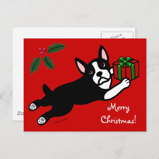 Boston Terrier Kerst 2 Cartoon Feestdagenkaart (Voorkant / Achterkant)