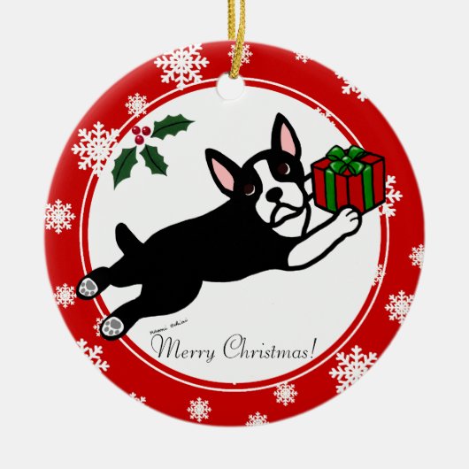 Boston Terrier Kerst 2 Cartoon Sneeuwvlokken Keramisch Ornament (Voorkant)