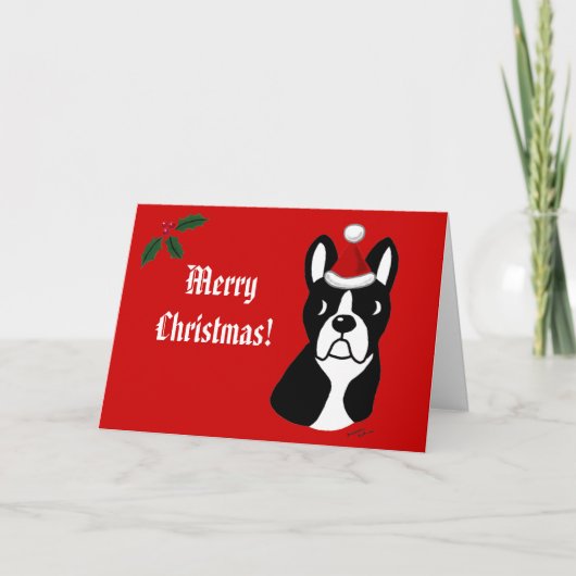 Boston Terrier Kerst Cartoon Feestdagen Kaart (Voorkant)