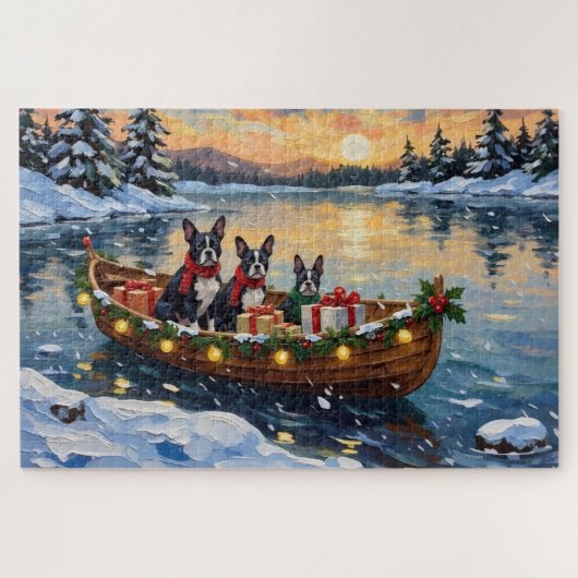 Boston Terrier Kerstboot Vakantie Legpuzzel (Horizontaal)