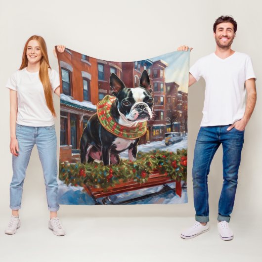 Boston Terrier Kerstfeest Seizoen Fleece Deken (In situ)