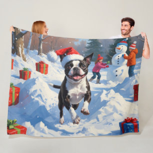 Boston Terrier Kerstfeest Sneeuwlandschap Fleece Deken