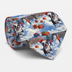Boston Terrier Kerstfeest Sneeuwlandschap Stropdas