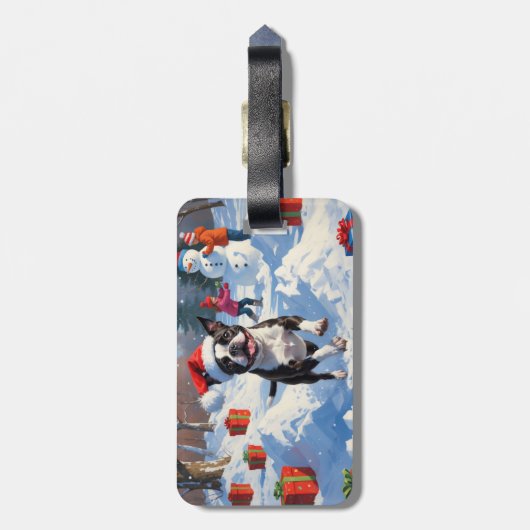 Boston Terrier Kerstfeest Sneeuwscène Bagagelabel (Achterkant verticaal)