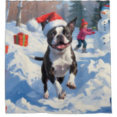 Boston Terrier Kerstfeest Sneeuwscène Douchegordijn (Voorkant)
