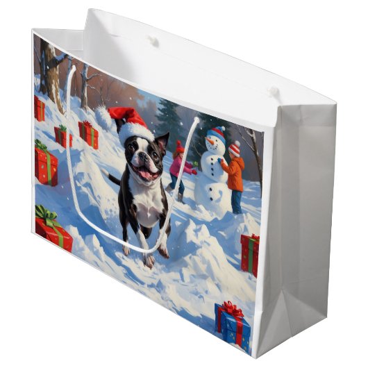 Boston Terrier Kerstfeest Sneeuwscène Groot Cadeauzakje (Voorkant Gekanteld)