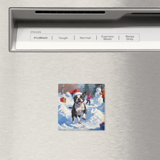 Boston Terrier Kerstfeest Sneeuwscène Magneet (Insitu (Vaatwasser))