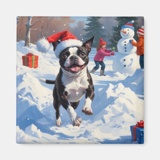 Boston Terrier Kerstfeest Sneeuwscène Magneet (Voorkant)
