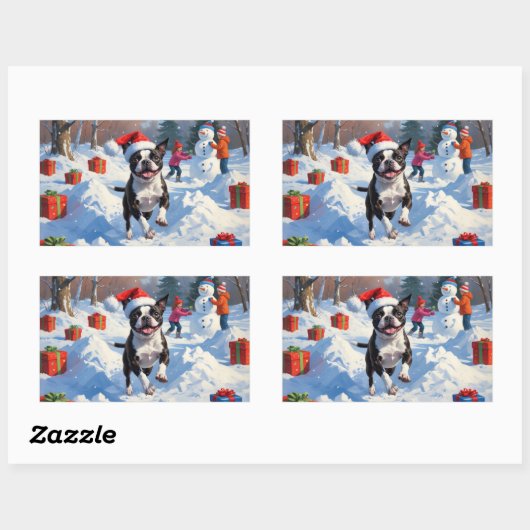 Boston Terrier Kerstfeest Sneeuwscène Rechthoekige Sticker (Vel)