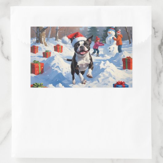 Boston Terrier Kerstfeest Sneeuwscène Rechthoekige Sticker (Tas)