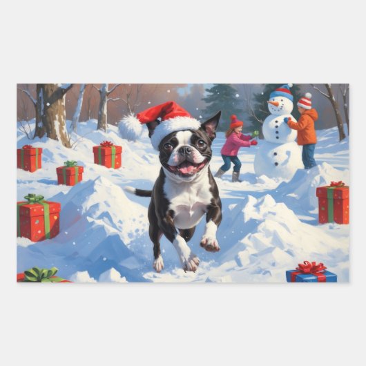 Boston Terrier Kerstfeest Sneeuwscène Rechthoekige Sticker (Voorkant)