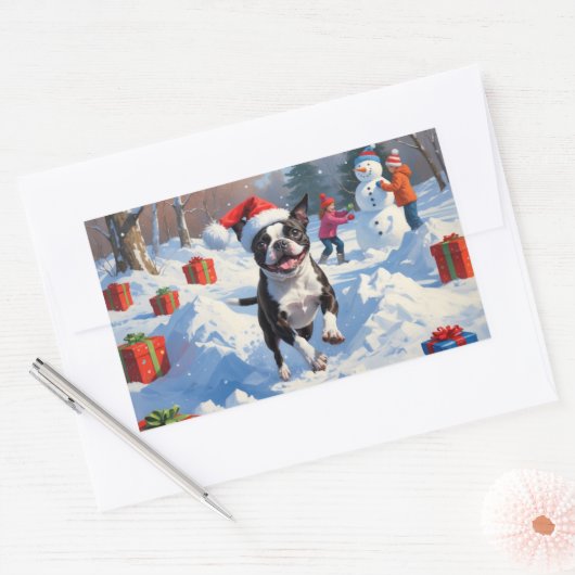 Boston Terrier Kerstfeest Sneeuwscène Rechthoekige Sticker (Envelop)