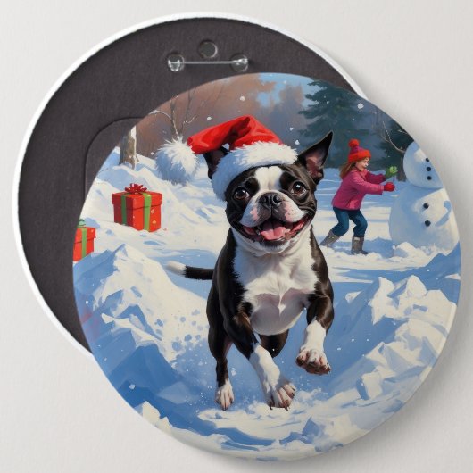 Boston Terrier Kerstfeest Sneeuwscène Ronde Button 6,0 Cm (Voorkant /achterkant)
