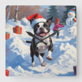 Boston Terrier Kerstfeest Sneeuwscène Vierkante Klok (Voorkant)