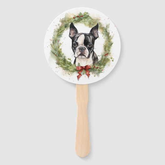 Boston Terrier Kerstkrans Feestelijke Pup Handwaaier (Achterkant)
