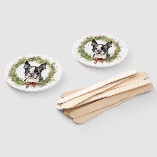 Boston Terrier Kerstkrans Feestelijke Pup Handwaaier (Niet-gemonteerd)