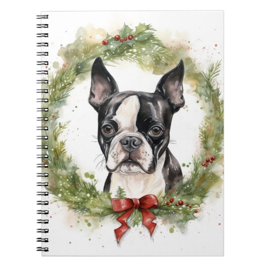 Boston Terrier Kerstkrans Feestelijke Pup Notitieboek (Voorkant)