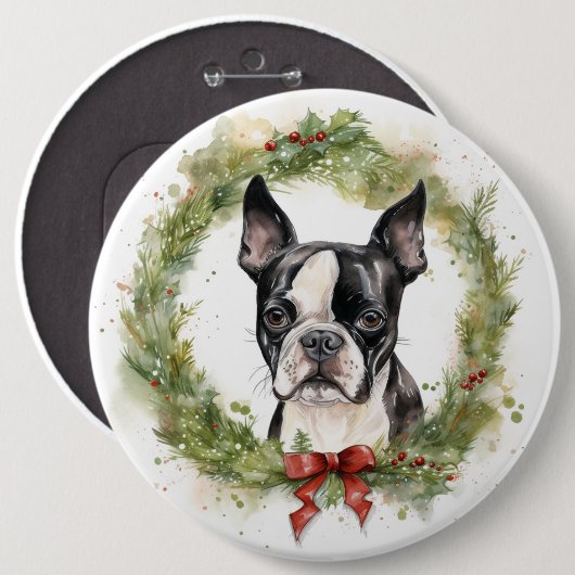 Boston Terrier Kerstkrans Feestelijke Pup Ronde Button 6,0 Cm (Voorkant /achterkant)