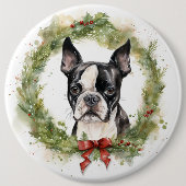 Boston Terrier Kerstkrans Feestelijke Pup Ronde Button 6,0 Cm (Voorkant)