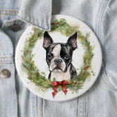 Boston Terrier Kerstkrans Feestelijke Pup Ronde Button 6,0 Cm (In situ)